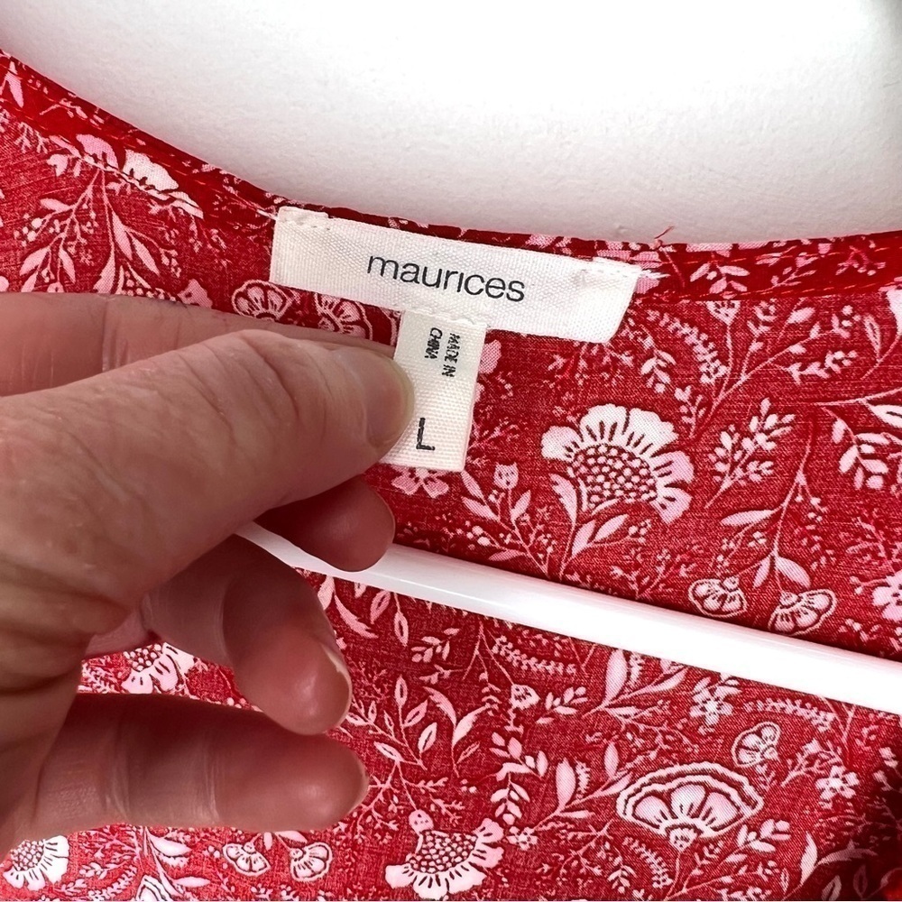 Maurices Red Floral Crochet Trim Open Front Peplum Hem Kimono Size Large - Picture 10 of 16